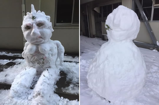 あちこちで様々な雪だるまが作られました